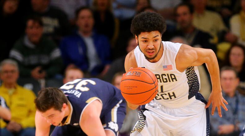 011415 ATLANTA: Georgia Tech guard Josh Heath steals from Notre Dame guard Steve Vasturia during the first half of a basketball game at McCamish Pavilion on Wednesday, Jan. 14, 2015, in Atlanta. Curtis Compton / ccompton@ajc.com