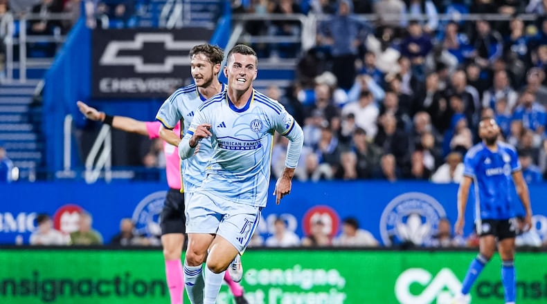 Atlanta United defender Brooks Lennon scores a goal during the match against the CF Montreal at Stade Saputo in Montreal on Tuesday Oct. 22, 2024. (Courtesty of Mitch Martin/Atlanta United)