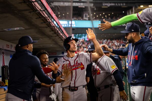 Matt Olson celebrates after a run against the Los Angeles Angels on Tuesday, April 7, 2026, in Anaheim, Calif. The Braves first baseman has a team-best six doubles. (Ethan Swope/AP)