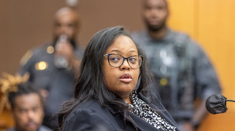 Angela D’Williams, an attorney for Rodalius Ryan, speaks at a hearing for the YSL case in Atlanta on Dec. 22, 2022. (Arvin Temkar/Atlanta Journal-Constitution/TNS)