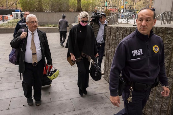 Nadine Menendez leaves Manhattan federal court, Monday, April 21, 2025, in New York. (AP Photo/Yuki Iwamura)