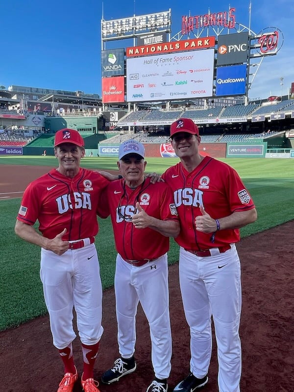 Georgia U.S. Reps. Rich McCormick (from left), Andrew Clyde and Clay Fuller played for the Republican team that won the annual Congressional Baseball Game on Wednesday. (Courtesy of U.S. Rep. Clay Fuller)