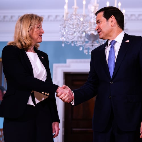 Secretary of State Marco Rubio arrives with Austrian Foreign Minister Beate Meinl-Reisinger, to the Treaty Room at the State Department, Tuesday, Aug. 11, 2026, in Washington. (AP Photo/Tierney L. Cross)