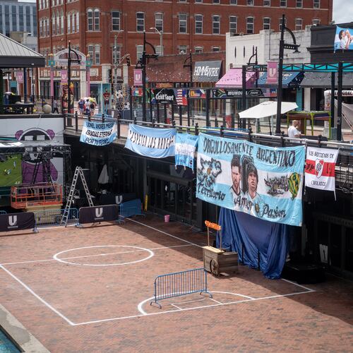 Underground Atlanta is all prepped for Wednesday's match. (Ben Hendren for the AJC)
