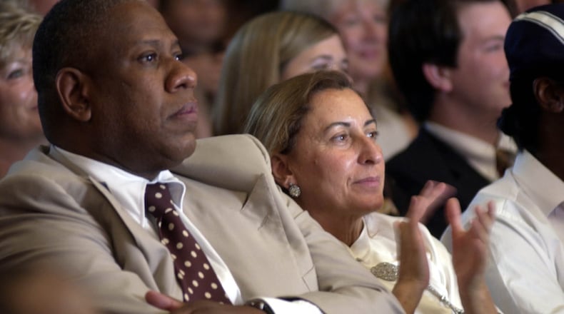 André Leon Talley watches the Savannah College of Art and Design’s student fashion show in Savannah in 2003 while sitting next to Miuccia Prada, who was presented with the Andre Leon Talley Lifetime Achievement Award for her contributions to the fashion world. (AP Photo/Stephen Morton)