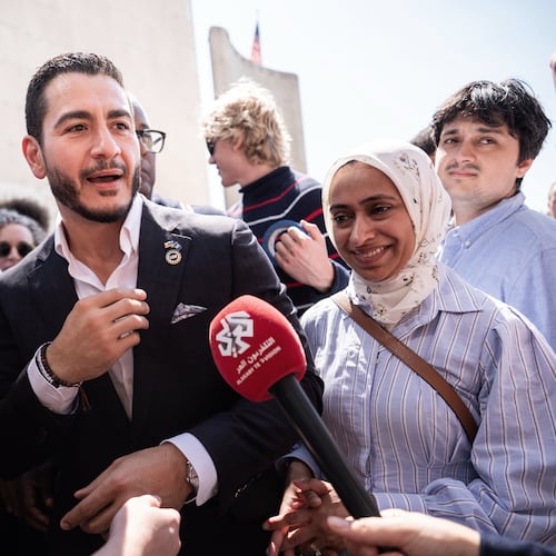 Abdul El-Sayed departs following a news conference at the Spirit of Detroit shortly after winning the Democratic nomination for U.S. Senate in Michigan, Wednesday, Aug. 5, 2026, in Detroit. (AP Photo/Julia Demaree Nikhinson)