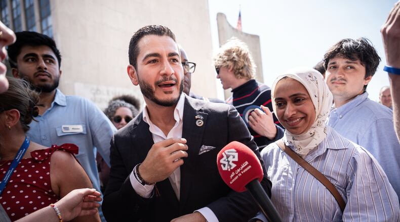 Abdul El-Sayed departs following a news conference at the Spirit of Detroit shortly after winning the Democratic nomination for U.S. Senate in Michigan, Wednesday, Aug. 5, 2026, in Detroit. (AP Photo/Julia Demaree Nikhinson)