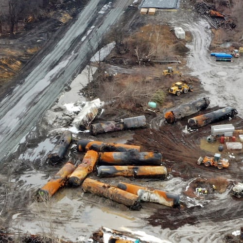FILE - An aerial view of the cleanup of a derailed Norfolk Southern freight train, in East Palestine, Ohio, Feb. 9, 2023. (AP Photo/Gene J. Puskar, File)