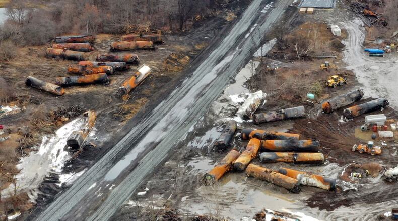 FILE - An aerial view of the cleanup of a derailed Norfolk Southern freight train, in East Palestine, Ohio, Feb. 9, 2023. (AP Photo/Gene J. Puskar, File)