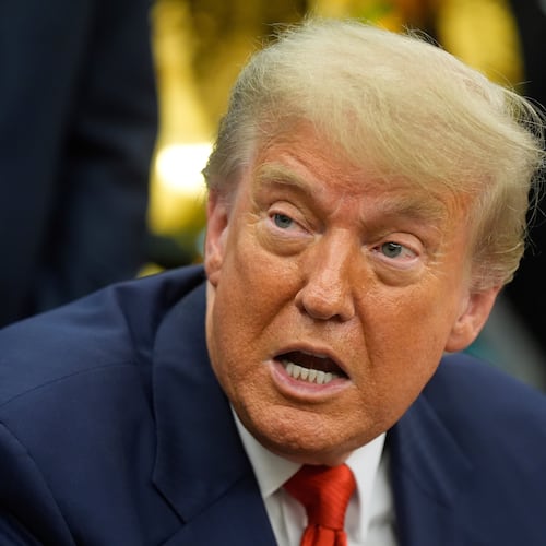 FILE - President Donald Trump answers questions from reporters as he meets with Congo's Foreign Minister Therese Kayikwamba Wagner, and Rwanda's Foreign Minister Olivier Nduhungirehe, Friday, June 27, 2025, in the Oval Office at the White House in Washington. (AP Photo/Manuel Balce Ceneta, File)