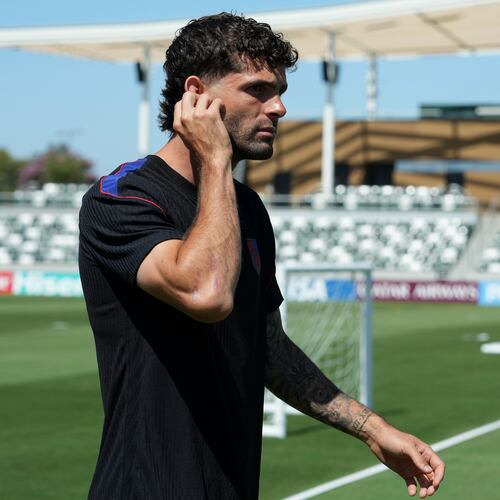United States' Christian Pulisic attends a training session ahead of his FIFA World Cup match against Paraguay at its World Cup soccer tournament training base in Irvine, Calif., Thursday, June 11, 2026. (AP Photo/Andre Penner)