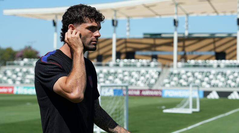United States' Christian Pulisic attends a training session ahead of his FIFA World Cup match against Paraguay at its World Cup soccer tournament training base in Irvine, Calif., Thursday, June 11, 2026. (AP Photo/Andre Penner)