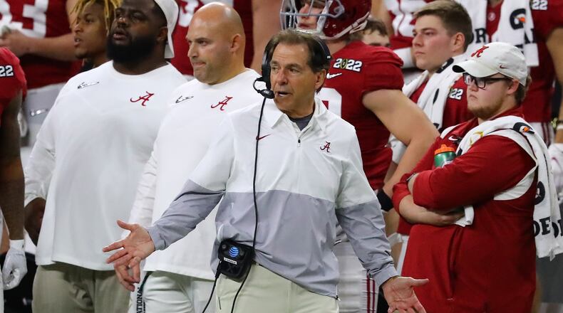 Alabama head coach Nick Saban reacts on the sidelines during the 4th quarter as Georgia drives for a touchdown to take control of the game in the College Football Playoff Championship game on Monday, Jan. 10, 2022, in Indianapolis. “Curtis Compton / Curtis.Compton@ajc.com”`