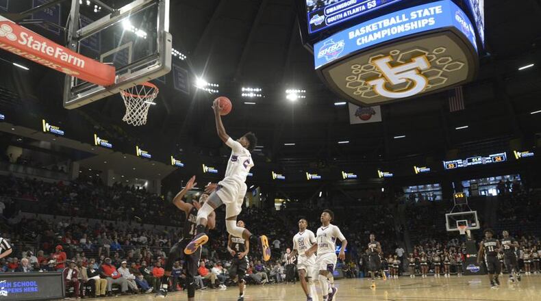 South Atlanta junior Jalen Stegall (2) makes layup in the second half of the Class AA state championship game at Georgia Tech's McCamish Pavillion. SPECIAL/Daniel Varnado