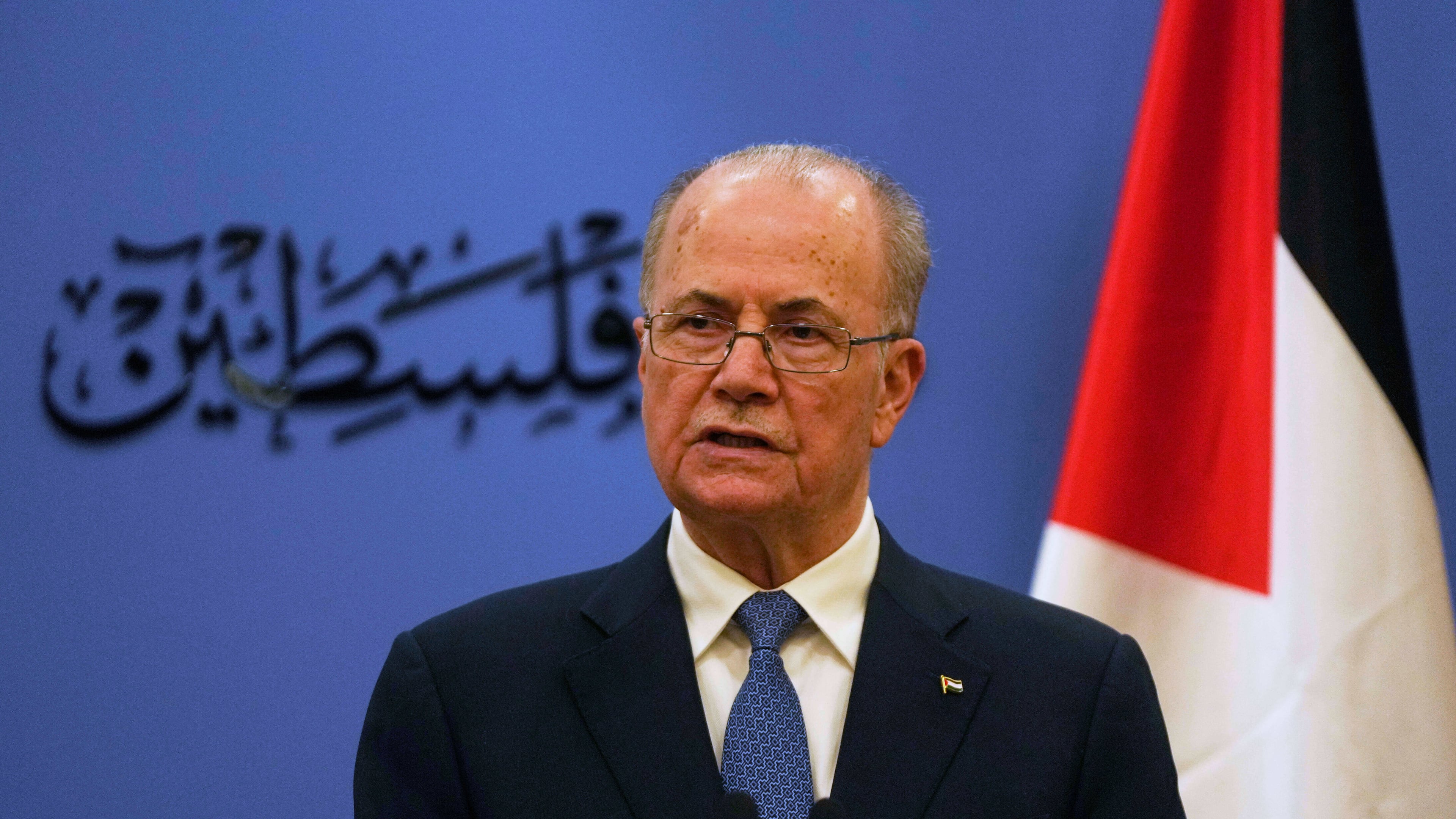 FILE -Palestinian Prime Minister Mohammad Mustafa talks during a joint press conference with European Union's foreign policy chief Kaja Kallas, following their meeting at his office in the West Bank city of Ramallah, March 24, 2025. (AP Photo/Nasser Nasser, Pool, File)