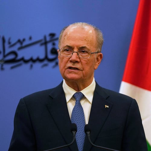 FILE -Palestinian Prime Minister Mohammad Mustafa talks during a joint press conference with European Union's foreign policy chief Kaja Kallas, following their meeting at his office in the West Bank city of Ramallah, March 24, 2025. (AP Photo/Nasser Nasser, Pool, File)