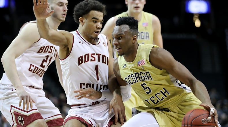 Josh Okogie of the Georgia Tech Yellow Jackets works against Jerome Robinson #1 of the Boston College Eagles in the first half during the first round of the ACC Men's Basketball Tournament at Barclays Center on March 6, 2018 in New York City.  (Photo by Abbie Parr/Getty Images)