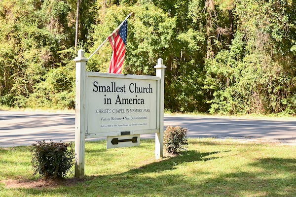 The sign outside Christ’s Church in Townsend, Georgia makes a big claim. (Sarah Peacock for AJC)