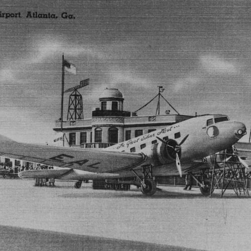 Postcard depicting the predecessor to Hartsfield-Jackson Atlanta International Airport: Candler Field, c. 1927. The city signed a lease with Asa Candler to open the airfield in 1925. (Kenan Research Center at the Atlanta History Center)