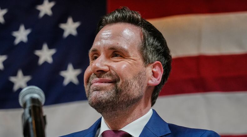 FILE - Iowa state Rep. Josh Turek speaks during a primary election night watch party after winning the Democratic nomination for U.S. Senate, June 2, 2026, in Des Moines, Iowa. (AP Photo/Bryon Houlgrave, File)