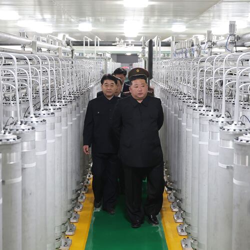 In this photo provided by the North Korean government, its leader Kim Jong Un, front right, visits a new facility to produce nuclear bomb fuels at an undisclosed place in North Korea Wednesday, June 3, 2026. Independent journalists were not given access to cover the event depicted in this image distributed by the North Korean government. The content of this image is as provided and cannot be independently verified. Korean language watermark on image as provided by source reads: "KCNA" which is the abbreviation for Korean Central News Agency. (Korean Central News Agency/Korea News Service via AP)