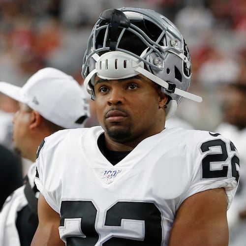 FILE - Oakland Raiders running back Doug Martin looks on during an NFL preseason football game against the Arizona Cardinals, Aug. 15, 2019, in Glendale, Ariz. (AP Photo/Rick Scuteri, File)