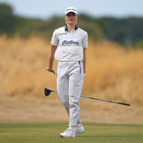 Charley Hull, of England, drops her club after driving off the 3rd tee during the fourth round of the Women's British Open golf championship in Lytham St Annes, England, Sunday, Aug. 2, 2026. (AP Photo/Jon Super)