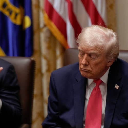 President Donald Trump closes his eyes as Secretary of State Marco Rubio speaks during a Cabinet meeting at the White House, Tuesday, Dec. 2, 2025, in Washington. (AP Photo/Julia Demaree Nikhinson)