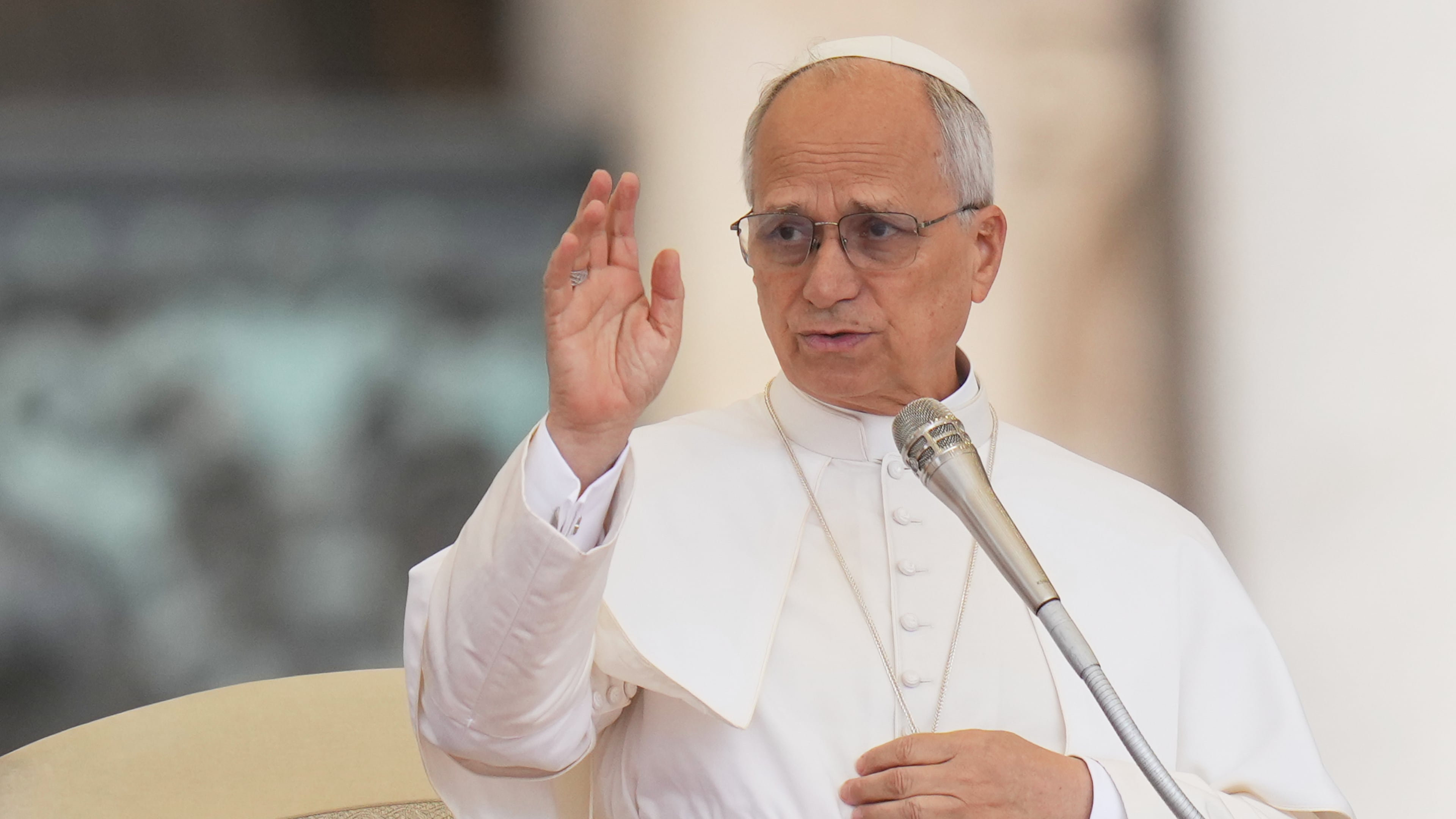 FILE - Pope Leo XIV delivers a blessing during the weekly general audience in St. Peter's Square, at the Vatican, Wednesday, Sept. 24 2025. (AP Photo/Alessandra Tarantino, File)
