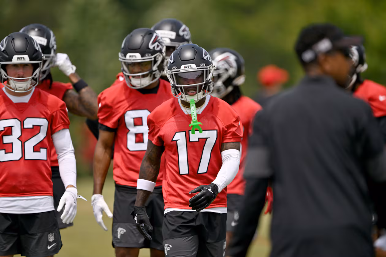 Atlanta Falcons rookie wide receiver Zachariah Branch (center) runs a drill with other rookies during the Falcons’ rookie minicamp at the team’s training facility on Friday, May 8, 2026, in Flowery Branch. Where does he rank on our list? (Hyosub Shin/AJC)