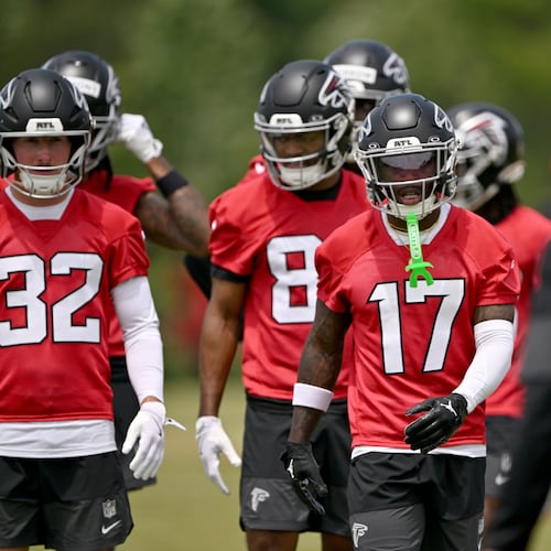 Atlanta Falcons rookie wide receiver Zachariah Branch (center) runs a drill with other rookies during the Falcons’ rookie minicamp at the team’s training facility on Friday, May 8, 2026, in Flowery Branch. Where does he rank on our list? (Hyosub Shin/AJC)
