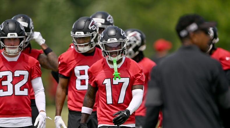 Atlanta Falcons rookie wide receiver Zachariah Branch (center) runs a drill with other rookies during the Falcons’ rookie minicamp at the team’s training facility on Friday, May 8, 2026, in Flowery Branch. Where does he rank on our list? (Hyosub Shin/AJC)
