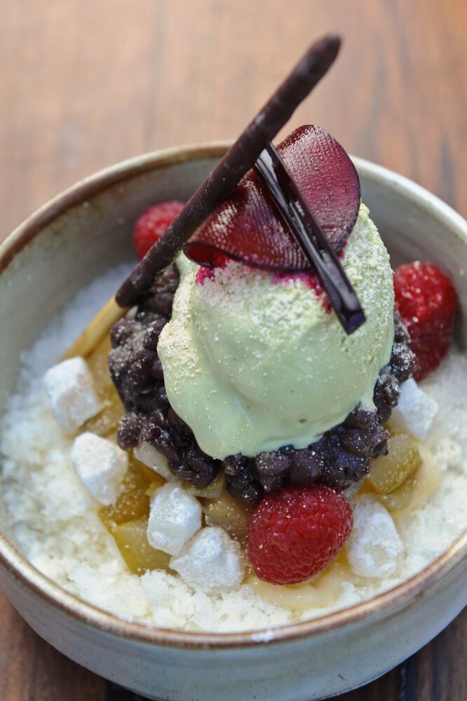 Bingsu, with green tea ice cream and red azuki beans