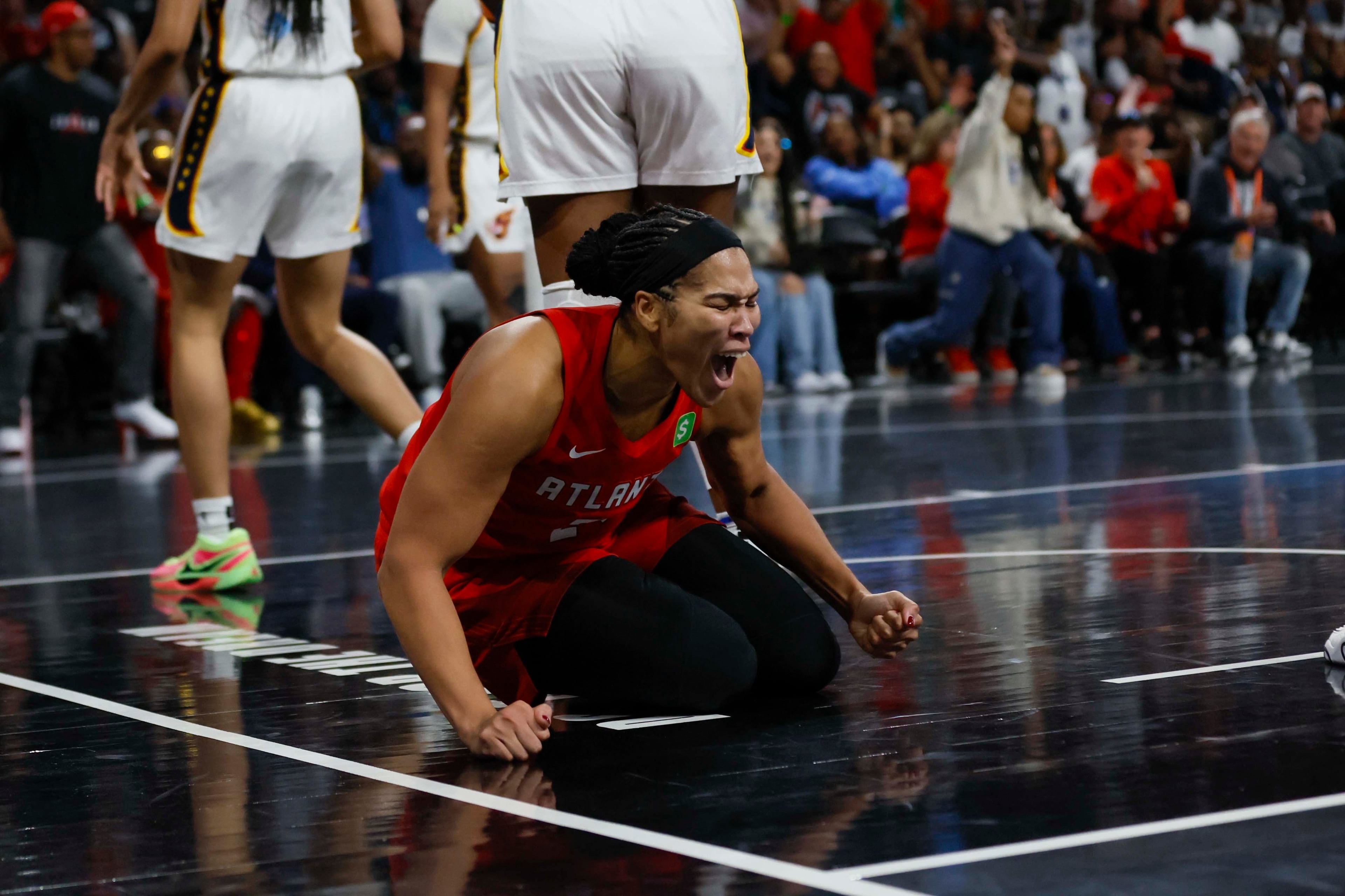 Atlanta Dream forward Brionna Jones (24) reacts after a basket during the first half of a WNBA first-round playoff game against the Indiana Fever at Gateway Center Arena on Thursday, Sept. 18, 2024, in Atlanta. (Miguel Martinez/ AJC)