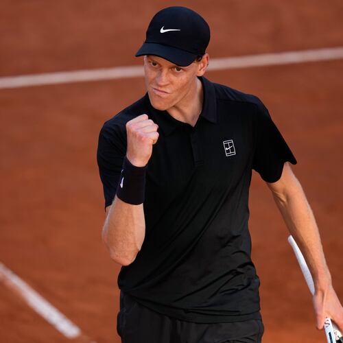 Jannik Sinner, of Italy, celebrates winning a point against Casper Ruud, of Norway, during the final match at the Italian Open tennis tournament, in Rome, Sunday, May 17, 2026. (AP Photo/Alessandra Tarantino)