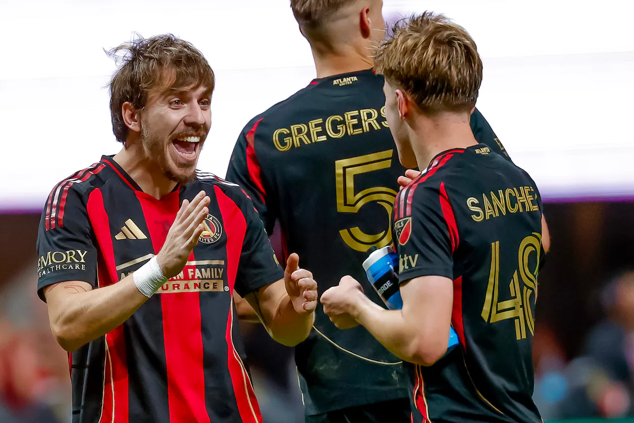 Atlanta United forward Saba Lobjanidze (left) celebrates with midfielder Cooper Sanchez (right) after beating CF Montreal on Saturday, May 2, 2026, in Atlanta. Lobjanidze scored two goals in the game. (Erik S. Lesser/AP)
