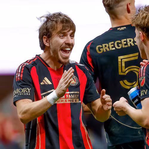 Atlanta United forward Saba Lobjanidze (left) celebrates with midfielder Cooper Sanchez (right) after beating CF Montreal on Saturday, May 2, 2026, in Atlanta. Lobjanidze scored two goals in the game. (Erik S. Lesser/AP)