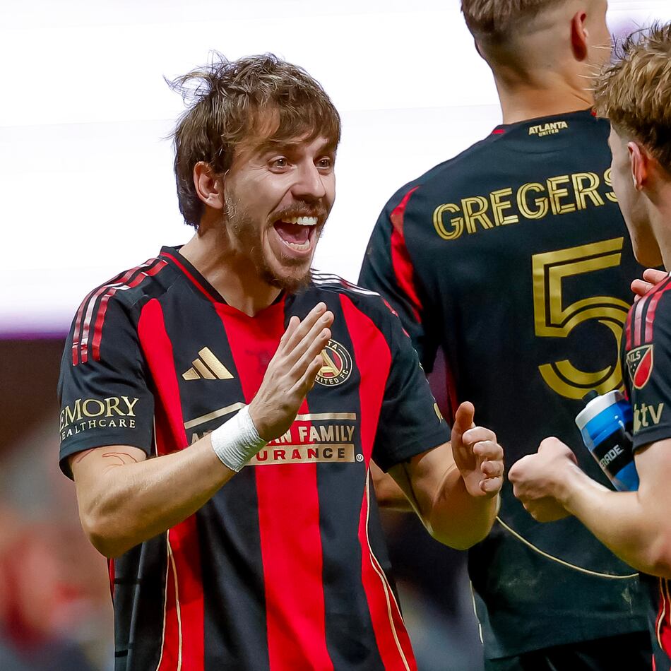 Atlanta United forward Saba Lobjanidze (left) celebrates with midfielder Cooper Sanchez (right) after beating CF Montreal on Saturday, May 2, 2026, in Atlanta. Lobjanidze scored two goals in the game. (Erik S. Lesser/AP)