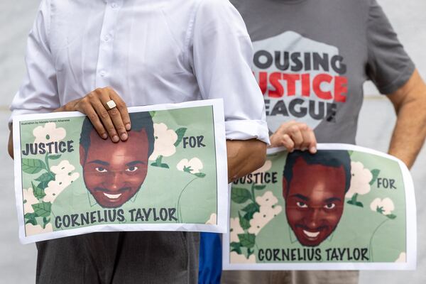 Activists and former residents of Old Wheat Street gathered to demand justice for Cornelius Taylor in front of City Hall in Atlanta on Monday, October 6, 2025. Taylor was killed during a sweep of an encampment of unhoused residents in January 2025. (Arvin Temkar/AJC)