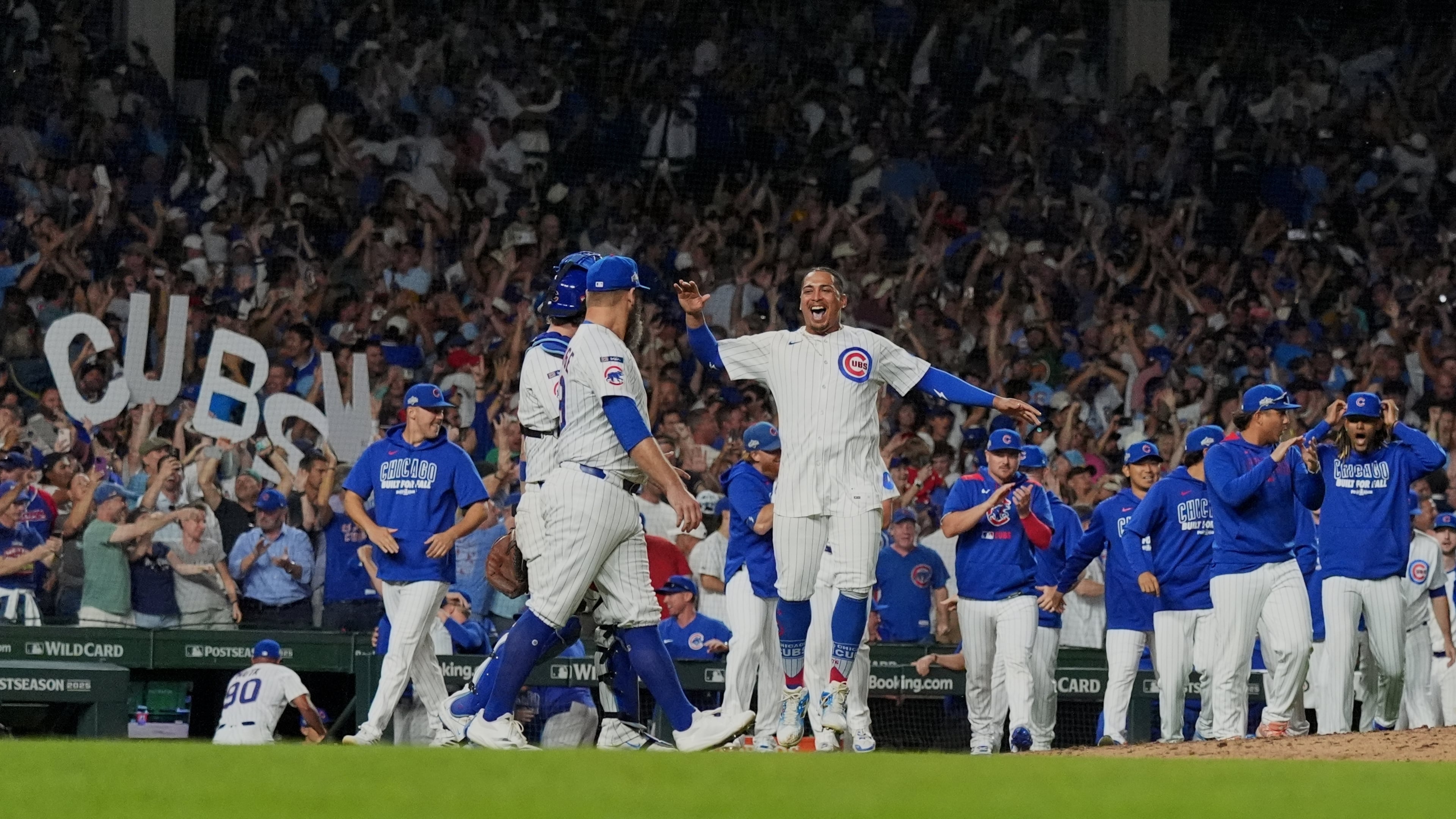 The Chicago Cubs celebrate after Game 3 of a National League wild card baseball game against the San Diego Padres Thursday, Oct. 2, 2025, in Chicago. (AP Photo/Nam Huh)