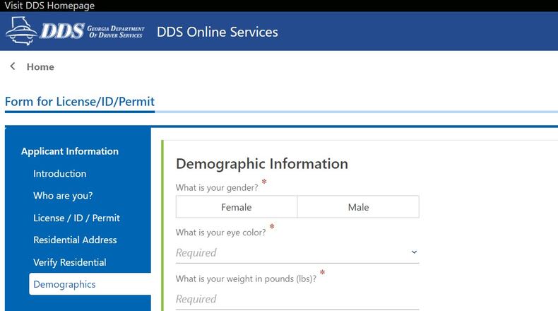 The Georgia Department of Driver Services' online application form.