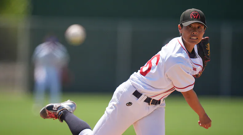 Ayami Sato pitches during a Women's Pro Baseball League exhibition game, Thursday, March 19, 2026, in Fort Myers, Fla. (AP Photo/Rebecca Blackwell)