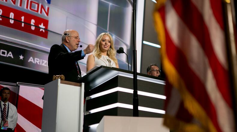 Tiffany Trump, the daughter of presumptive Republican presidential candidate Donald Trump, rehearses her speech in the Quicken Loans Arena on day two of the Republican National Convention in Cleveland, July 19, 2016. (Sam Hodgson/The New York Times)