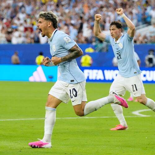Uruguay's Maxi Araujo celebrates scoring his side's opening goal against Saudi Arabia during a World Cup Group H soccer match in Miami Gardens, Fla., Monday, June 15, 2026. (AP Photo/Lynne Sladky)