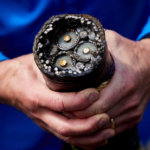FILE - Burke Hales, chief scientist for the PacWave wave energy test site overseen by Oregon State University, shows the electric cables that are buried under the seabed near Newport, Ore., Aug. 23, 2024. (AP Photo/Craig Mitchelldyer, File)