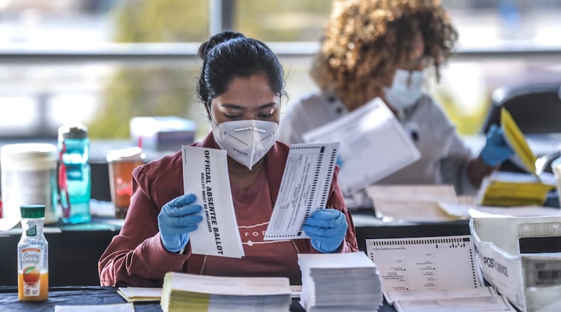 November 4, 2020 Atlanta: Fulton County election workers started counting and scanning ballots again on Wednesday Nov. 4, 2020 as the State and the Nation waited for the results. Fulton County elections head Richard Barron said he expects results from the tens of thousands of outstanding absentee-by-mail ballots by 9 p.m. Wednesday. People across the nation are eagerly watching to see whether Fulton County home to Atlanta, the South’s crown jewel, and 1 million residents can help former Vice President Joe Biden beat President Donald Trump. There were 63,000 outstanding Fulton absentee ballots, which is about 27% of Georgia’s 236,000 uncounted absentee ballots Wednesday morning. That was enough to keep the nation biting its nails and waiting on Fulton. (John Spink / John.Spink@ajc.com)