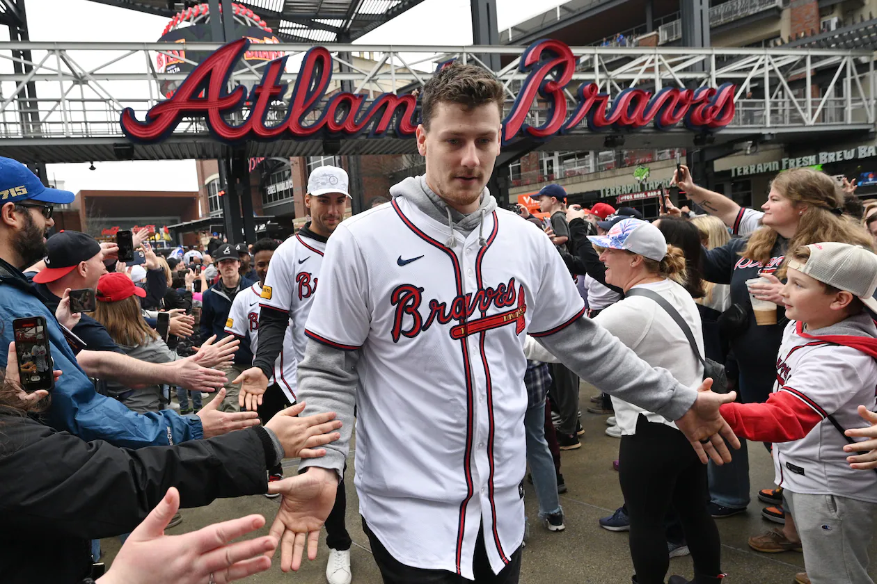 Catcher Sean Murphy participates in the opening rally for Braves Fest at The Battery Atlanta on Saturday, Jan. 27, 2024. The Braves have announced this year’s Braves Fest for Friday and Saturday at Truist Park. (Hyosub Shin/AJC 2024)