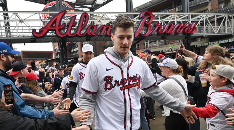 Catcher Sean Murphy participates in the opening rally for Braves Fest at The Battery Atlanta on Saturday, Jan. 27, 2024. The Braves have announced this year’s Braves Fest for Friday and Saturday at Truist Park. (Hyosub Shin/AJC 2024)