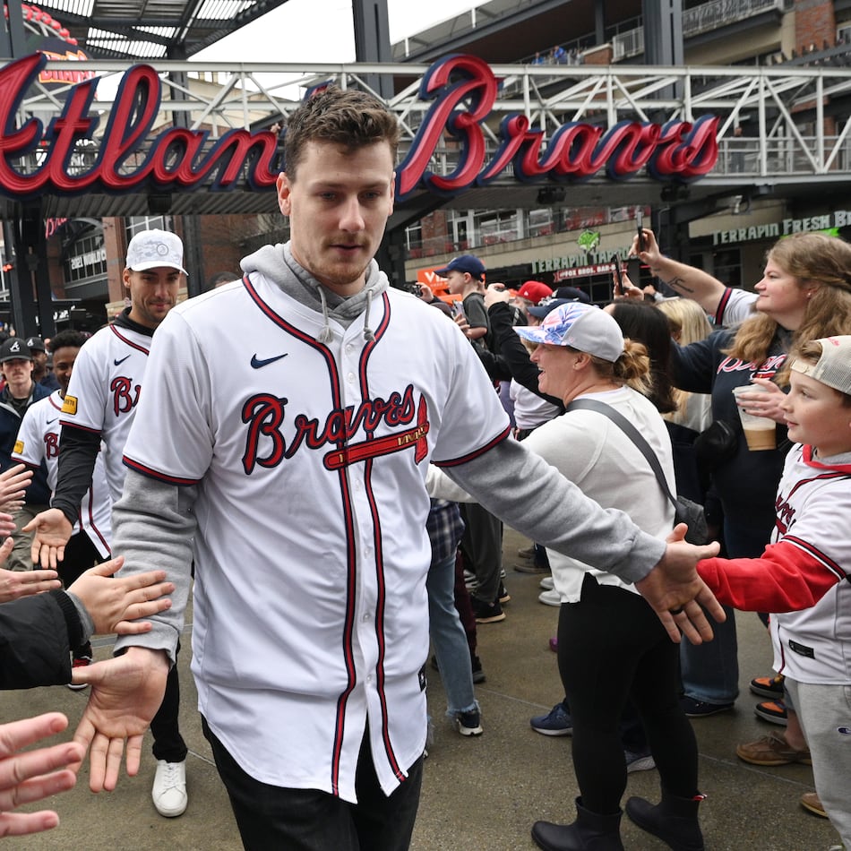 Catcher Sean Murphy participates in the opening rally for Braves Fest at The Battery Atlanta on Saturday, Jan. 27, 2024. The Braves have announced this year’s Braves Fest for Friday and Saturday at Truist Park. (Hyosub Shin/AJC 2024)