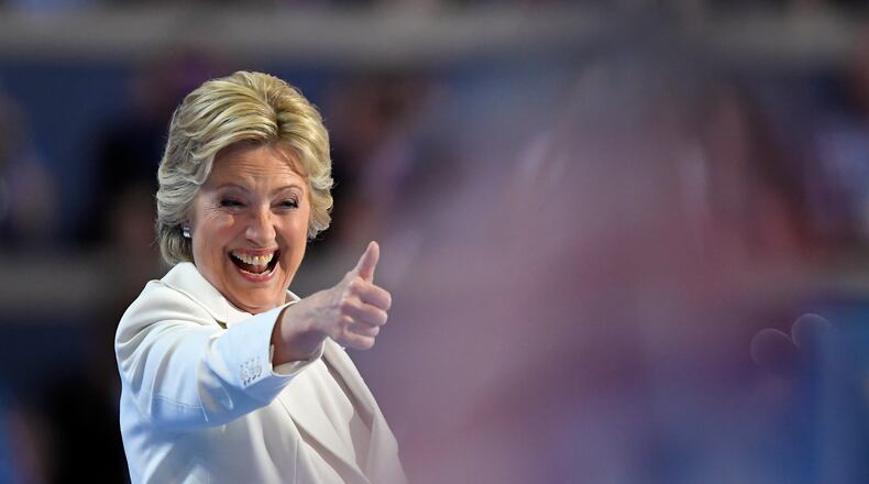 Democratic presidential nominee Hillary Clinton give a thumbs up after taking the stage to make her acceptance speech during the final day of the Democratic National Convention in Philadelphia , Thursday, July 28, 2016. (AP Photo/Mark J. Terrill)